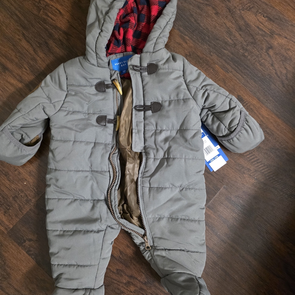 Perry Ellis Gray Snowsuit with Red Plaid Lining, 3-6m